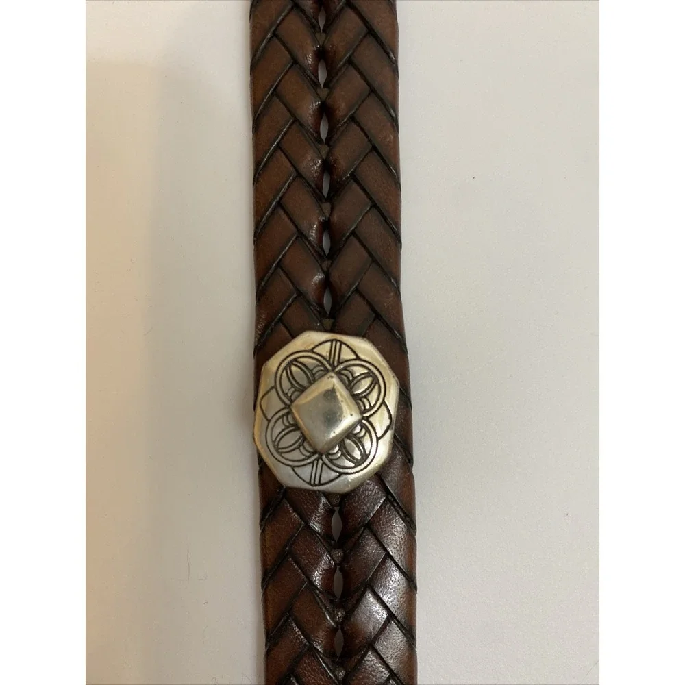 Brighton Brown Braided Leather Belt Q2108 with Silver Buckle and Details Size L